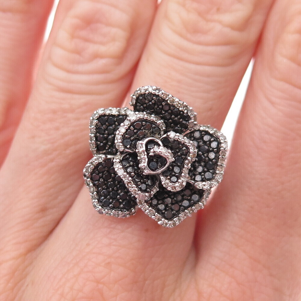 925 Sterling Silver Real Black & White Diamond Rose Floral Ring Size 7